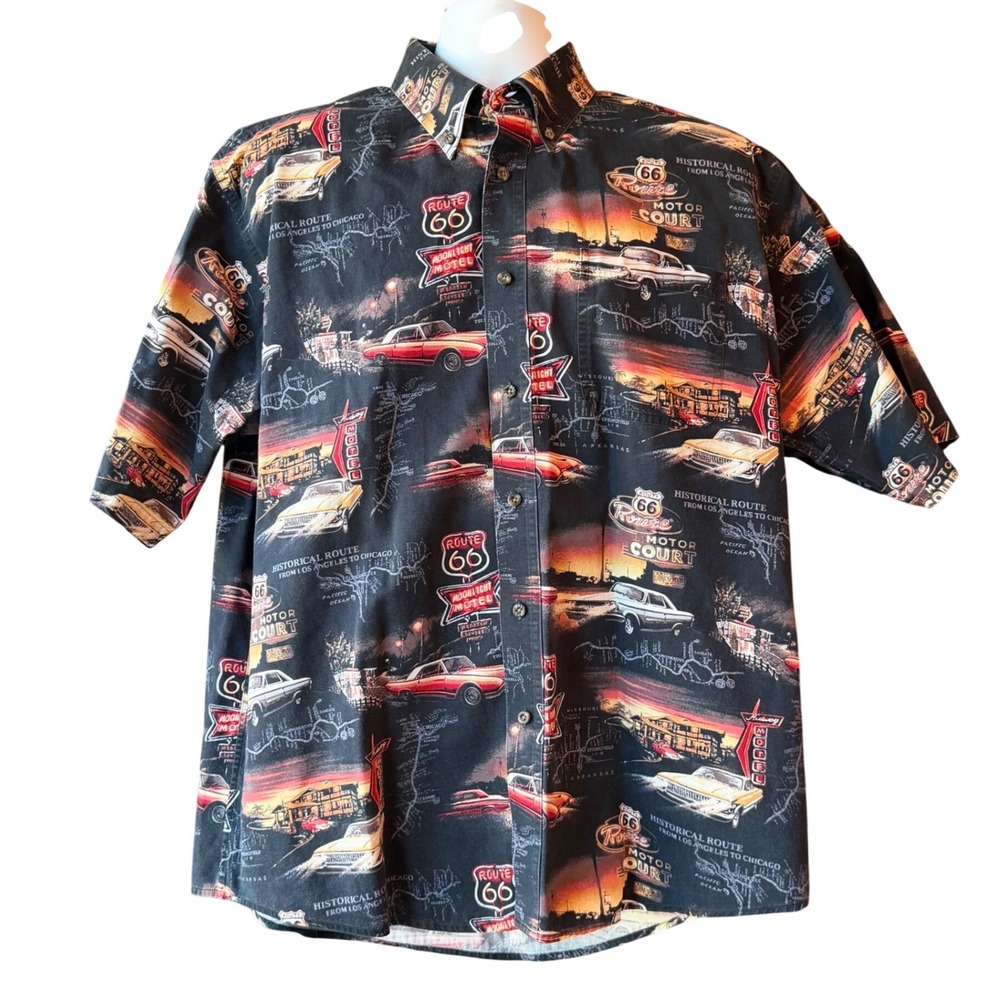 RedHead Mens XL Route 66 Classic Cars Motel Graphic Button Front Shirt Black